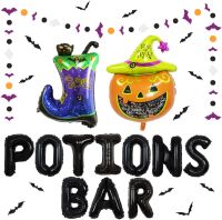 Sursursurprise Potions Bar ชุดตกแต่งปาร์ตี้ฮาโลวีน,Black Gold Purple Orange Potions Bar Banner Happy Halloween Pumpkin Theme Decor Boots Balloons, 3D Bat Wall Stickers, Bat Ghost Garland For Halloween Party Decor Supplies