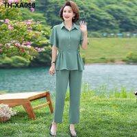 Middle-aged suit mother wear lapel short-sleeved T-shirt slim two-piece spring and summer new fashion casual suit female 40