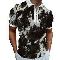 2023 spring new mens 3D printing casual polyester floral short-sleeved T-shirt zipper polo shirt