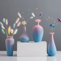 Chinese Retro Gradient Powder Blue Art Vase Ceramic Flower Vase Hydroponic Device Desktop European Home Decoration Accessories