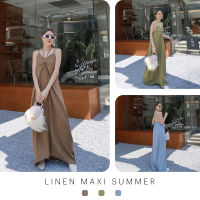 Linen Maxi Summer - เดรสลินินผูกคอ ตัวเดรสมีสม๊อคหลังยางยืด ตัวเดรสด้านหน้าเมื่อรูดแล้วจะสั้นกว่าด้านข้าง ทรงฟรีไซซ์ ใส่สบายๆไปคาเฟ่ ทะเล