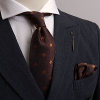 High-end ZARAˉ Link In Italian Chocolate Brown Mens Tie 8cm Formal Square Dot Pattern Wedding Pocket Square Business Suit