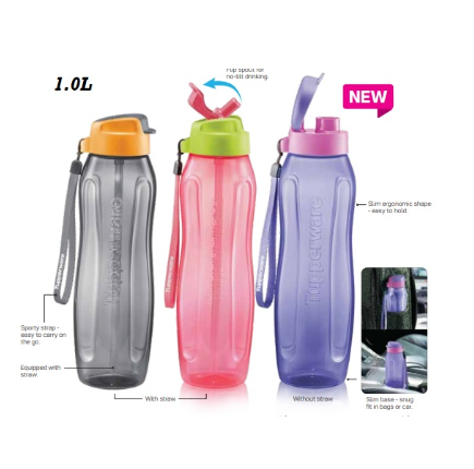 Tupperware Slim Eco Bottle with Straw 1.0L/ Air Botol/ Water Bottle ...