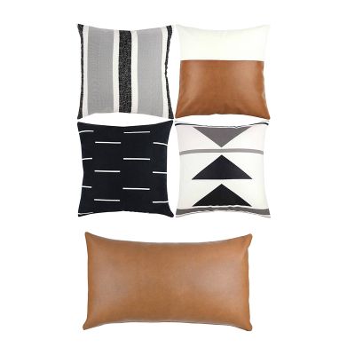 4Pcs Short Plush Black White Geometric Faux Leather Pillow Cover&amp; 2Pcs Faux Leather Milo Lumbar Pillow Cover