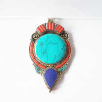 TBP718 Indian Vintage Jewelry Copper Inlaid Colorful Stone Pendants Big Multi Colors