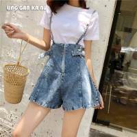 top●LING GAN KA NU Denim suspender shorts  Korean style fashion retro blue high waist thin wide leg casual shorts