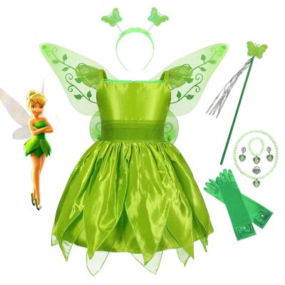 Disney 2023 Girls Tinker Bell Costume Kids Green Tinkerbell Fancy Dress Fairy Princess Cosplay Christmas Carnival Party