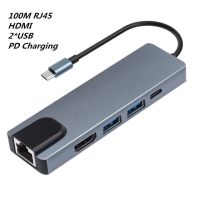 【♘COD Free Cas♘】 bukan2581584811414 ชนิด C แท่นวางมือถือ Hdmi-รองรับ Usb3.0 Rj45 Pd Usb-C Hub 4K แบบพกพารอบ Pd อะแดปเตอร์การ์ดความจำชาร์จแท่นวางมือถือ Usb C