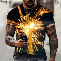 Brand Mens Shirts 3D Printed T-shirts, Fireworks, Fireworks, Festive Atmosphere, Fashion, Trendy, Loose, Oversized Size