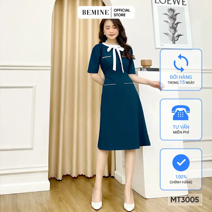 Đầm phối nơ túi viền trắng BEMINEMT3005XANH – BEMINE >>> top1shop >>> lazada.vn