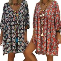 Women Plus Size V-Neck 3/4 Sleeves Loose Flowy T-Shirt Dress Halloween Skull Flo