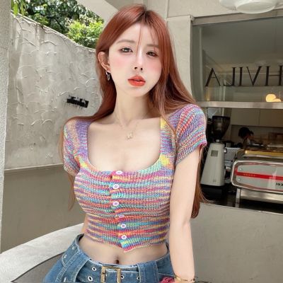 ○ Colorful Sweet Hot Girl Square Neck Short-Sleeved Knitted Small Cardigan Women Summer Pure Desire Style Slim-Fit Short Base Top