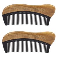 2X Natural Green Sandalwood Hair Comb - No Static Wooden Fine Tooth Black Buffalo Horn Comb (Green Sandalwood)