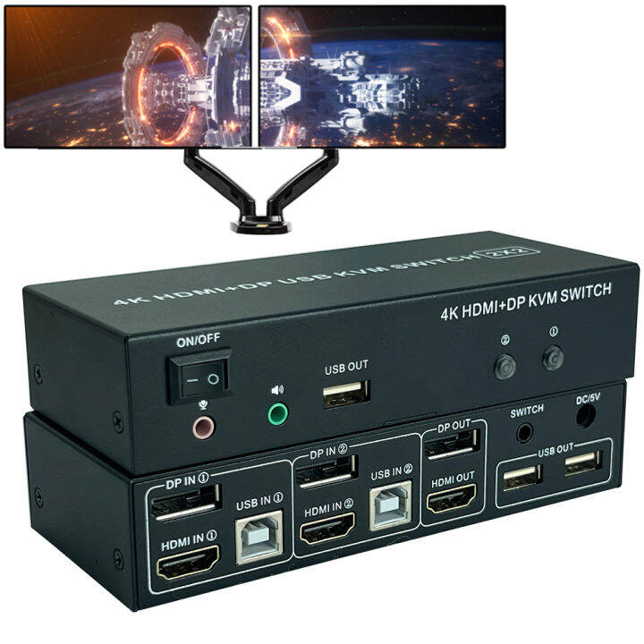 4K 60Hz Dual HDMI+DP KVM Switch splitter box 2X2 Mixed inputs DP HDMI