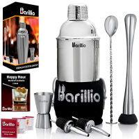 Elite Cocktail Shaker Set Bartender Kit by BARILLIO: 24 oz Stainless Steel Martini Mixer, Muddler, Mixing Spoon, jigger, 2 liquor pourers, Velvet Bag, Recipes Booklet &amp; eBook