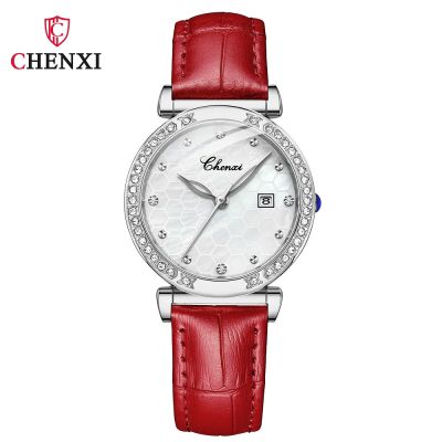 CHENXI ยี่ห้อผู้หญิงนาฬิกา โรสโกลด์ แบรนด์หรูนาฬิกากันน้ำสุภาพสตรีปฏิทินนาฬิกาควอตซ์ หนัง
