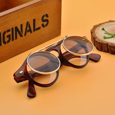 Flat Top Clamshell Goggles Round Brand Designer Metal Retro Men Women Flip Up Sun Glasses Vintage Gothic Steampunk Sunglasses