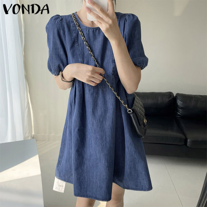 VONDA Women Casual Crew Neck Puff Sleeve Dress Short Sleeve A-Line ...