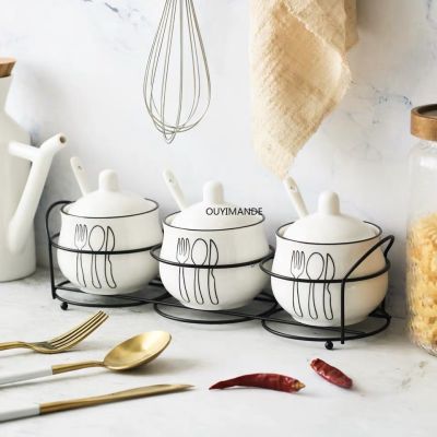 Nordic Ceramic Salt Pepper Tank Set Cruet Seasoning Jar With Iron Holder Spoon Condiment Sugar Spice Storage Box Cooking Tools
