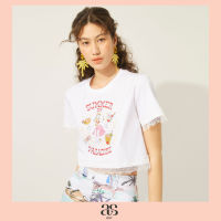 [asv rs23] Summer in Paradise Cropped T-Shirt เสื้อผู้หญิง แขนสั้น ทรงครอป แต่งชายแขนลูกไม้และชายเสื้อ พิมพ์ลาย ASV Summer in Paradise