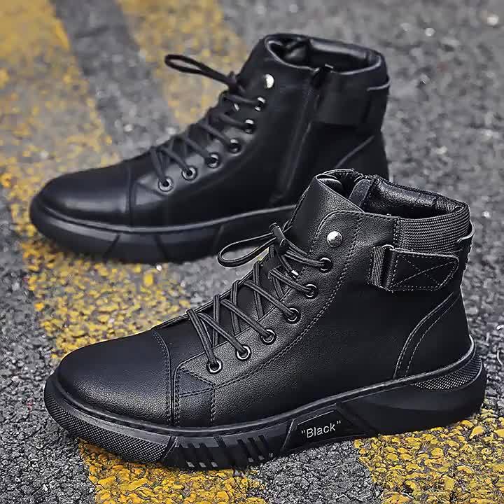 Genuine Leather Black Men's Boots 2023 Spring New High-Top Men's Shoes ...