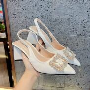 Giày sandal cao gót mũi nhọn hoa đá vuông 7cm sang chảnh, xinh xắn- 1011