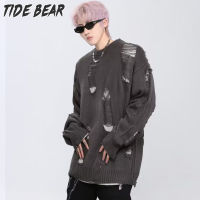 TIDE BEAR เสื้อถักสเวตเตอร์คอกลมทรงหลวมสำหรับผู้ชายดีไซน์สองด้าน