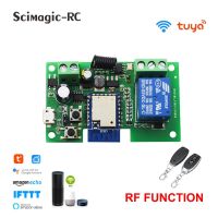 Tuya สวิตช์ Wifi โมดูลรีเลย์1CH อัจฉริยะ DC5V 12V 24V RF433ล็อคตัวเองได้รับที่เปิดประตูโรงรถ Wi-Fi ทำงานร่วมกับ Alexa