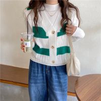 ☬¤◈ Women Waistcoat Autumn V-neck Loose Retro Knit Cardigan Stripe Knitted Vest