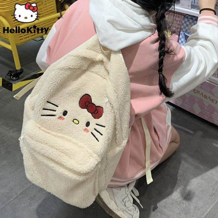 2023new-sanrio-hello-kitty-กระเป๋าสะพายหลังผ้ากำมะหยี่น่ารักใหม่กระเป๋าสะพายข้างแบบปัก-y2k-นักเรียนญี่ปุ่นกระเป๋านักเรียนเกาหลีเป้ลำลองผู้หญิง