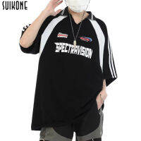 Suikone เสื้อยืดคอโปโลชายทรงหลวมเปิดหลังแขนสั้นพิมพ์ลาย