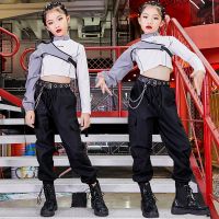 ✇☢ Children Hip Hop Street Dance Outfit Single Sleeve Tops Cool Black Pants Jazz Costume Suit Girls Stage Performance Wear DNV14033