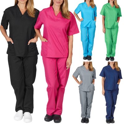 เสื้อยืด + กางเกงชุดสูทเครื่องแบบพยาบาลสองชิ้นคอวีมีกระเป๋าผู้หญิงเครื่องแบบพยาบาลผู้หญิงสีทึบชุดสูทพยาบาล