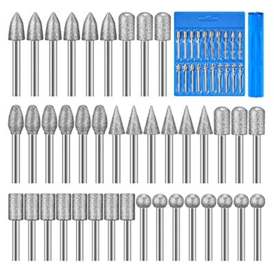 40 Pieces Diamond Burr Bits Stone Carving Set for Dremel Rotary Tool with 1/8 Inch Shank for Polishing Engraving Stone