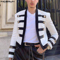 INCERUN Mens Fashion Retro Vintage Collision Metal Buckle เสื้อแจ็คเก็ตสั้นไม่มีปก (สไตล์ตะวันตก)