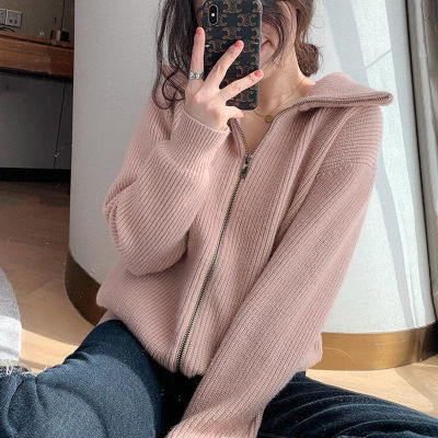 [Spot] womens turtleneck sweater spring and autumn outer wear new thickened all-matching loose zip knitted cardigan coat 2023
