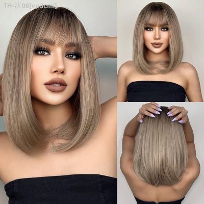 Short Straight Bob Wigs with Bangs Golden Brown Natural Synthetic Hair for Women Daily Cosplay Heat Resistant Fiber [ Hot sell ] vpdcmi