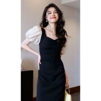 【Ready】? Zhuozhi French-style Hepburn style square-neck dress womens 2023 summer new black thin and fragrant dress