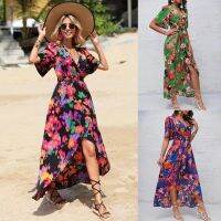 Bohemia summer vacation wind v-neck bind waist beach dress woman