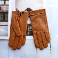 2021 new leather mens sheepskin gloves fashion touch screen hollow breathable thin motorcycle riding driving gloves