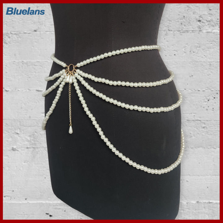 bluelans-กระโปรงสำหรับชุดผ้าคาดเอวที่หรูหราเอวหลายชั้นของผู้หญิงพร้อมของตกแต่งไข่มุกปลอมโซ่คาดเอว
