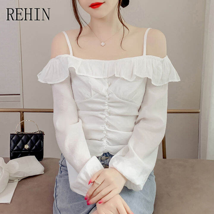 rehin-แฟชั่นใหม่ฤดูใบไม้ผลิของผู้หญิงสายคล้องเปิดไหล่แบบเรียบง่ายพร้อมคอแบบตรงเสื้อเชิ๊ตแขนยาวดีไซน์หวานแหววววว