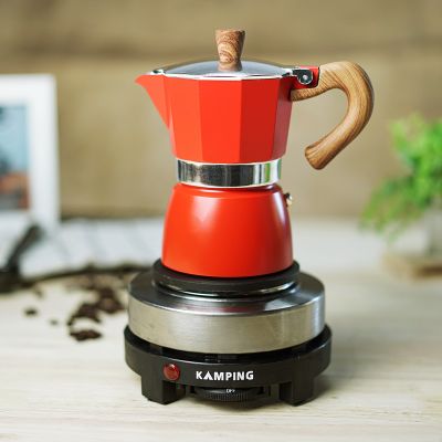 (สีแดง) KAMPING ชุดกาต้มมอคค่าพอท Moka Pot ลายไม้ + เตาไฟฟ้า500w