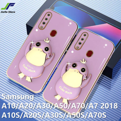 JieFie เป็ดน่ารักโทรศัพท์กรณีสำหรับ Samsung Galaxy A10S / A20S / A30S / A50S / A70S / A7 2018 / A10 / A20 / A30 / A50/A70อะนิเมะ Psyduck กรณีแฟชั่นโครเมี่ยมสแควร์ Soft TPU พร้อมขาตั้ง