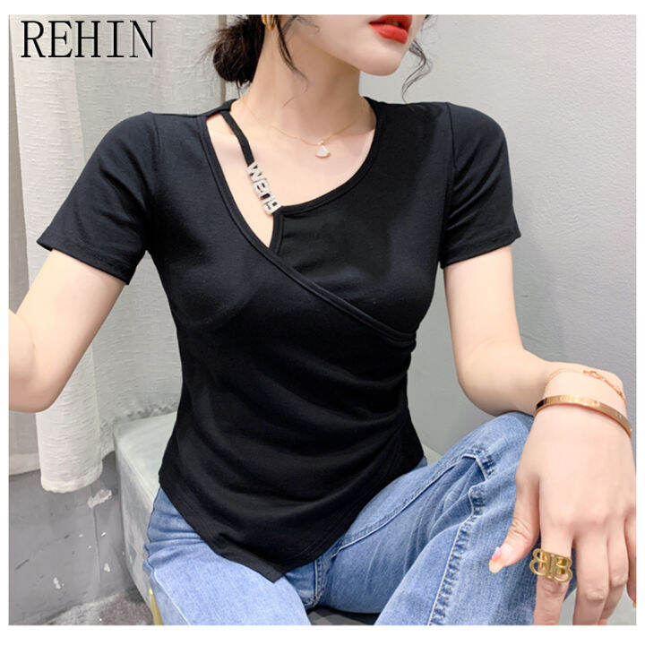 rehin-เสื้อยืดผู้หญิงแขนสั้นเสื้ออเนกประสงค์สีทึบเข้ารูป-แฟชั่นใหม่ฤดูร้อน