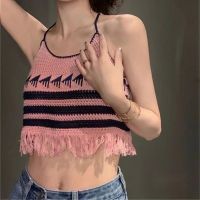 ผู้หญิงถัก Cropped Tops แฟชั่นฤดูร้อน Halter Vest พู่ Contrasting สี Jacquard Design Tops