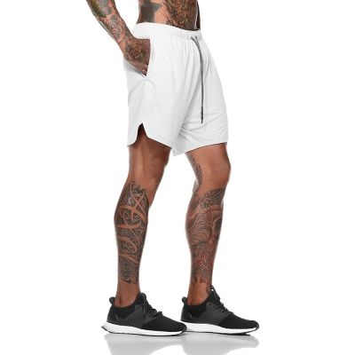 [Hot Sale]Mens Double Layer Mesh Fitness Shorts Gym Running Soft Quick-Drying Shorts Quick-Drying Pants Cycling Shorts White M
