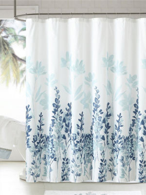Blue and Grey Watercolor Floral Art Shower Curtain with Hooks Rings Waterproof Bathroom Curtain 180x180cm