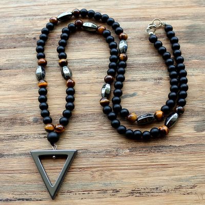 New Design 6MM Tiger stone bead Black Men 39;s Hematite triangle pendants Necklace Fashion Jewelry