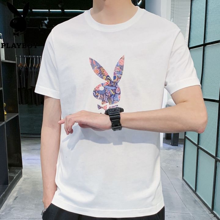 playboy-เสื้อยืดแขนสั้นผู้ชาย-แฟชั่นแนวเกาหลีหลวมผ้าฝ้ายหล่อ